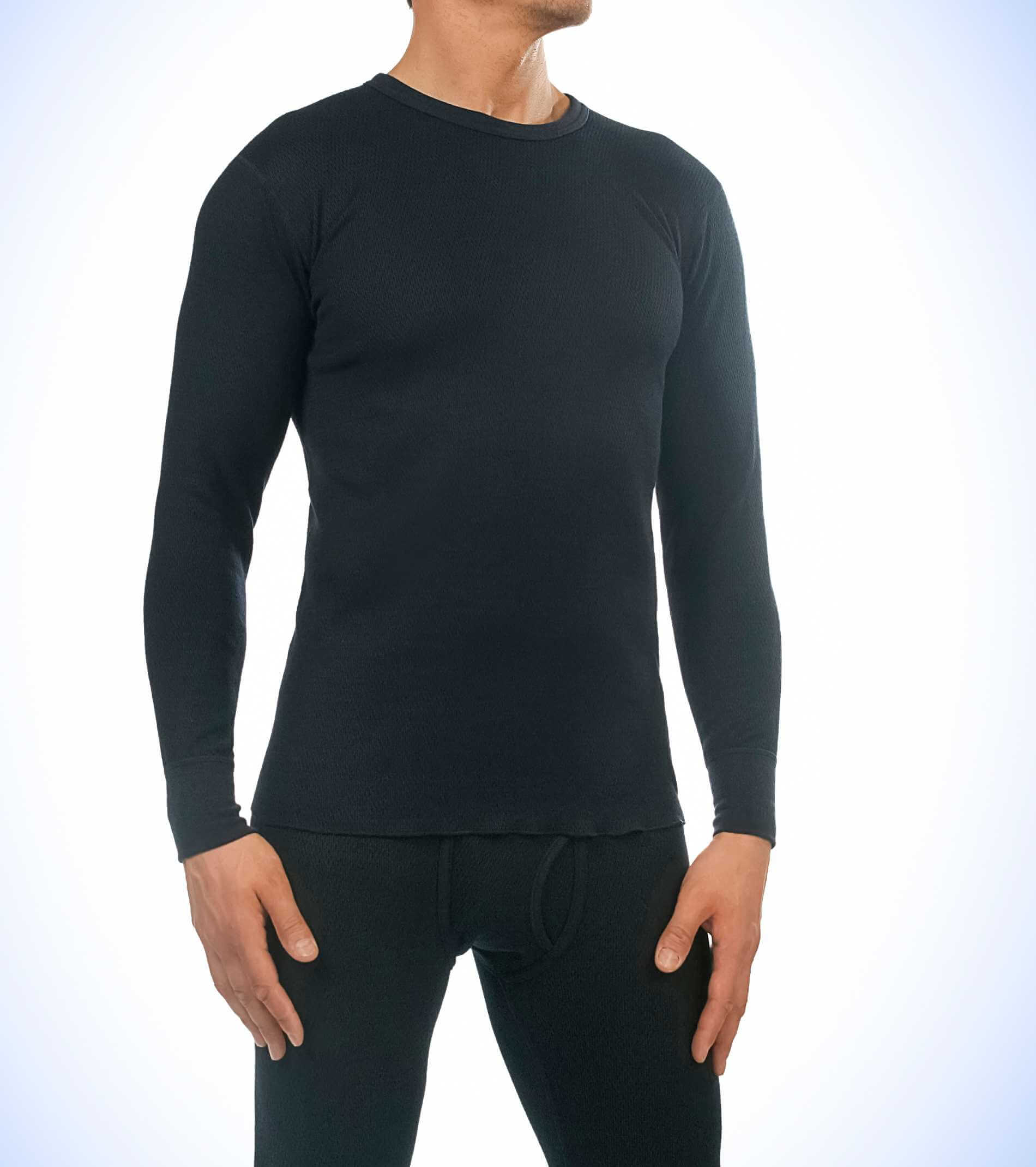 Male in thermal underwear for active winter sport.